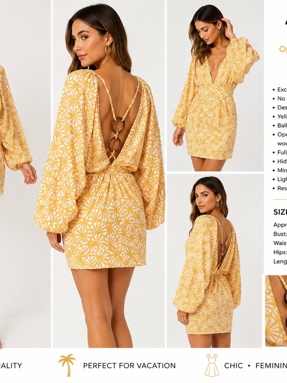 Azulu Deep V Yellow Floral-Print Mini Dress with Ring-Back Detail